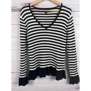 American Living City Brights Black White Stripe Cotton Ribbed Knit V Neck Size L